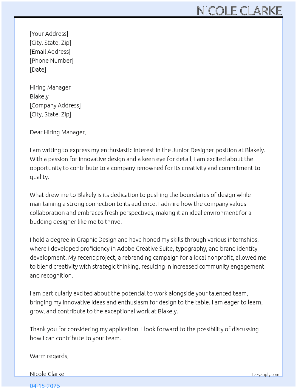 Junior Designer  At Blakely  Cover Letter
