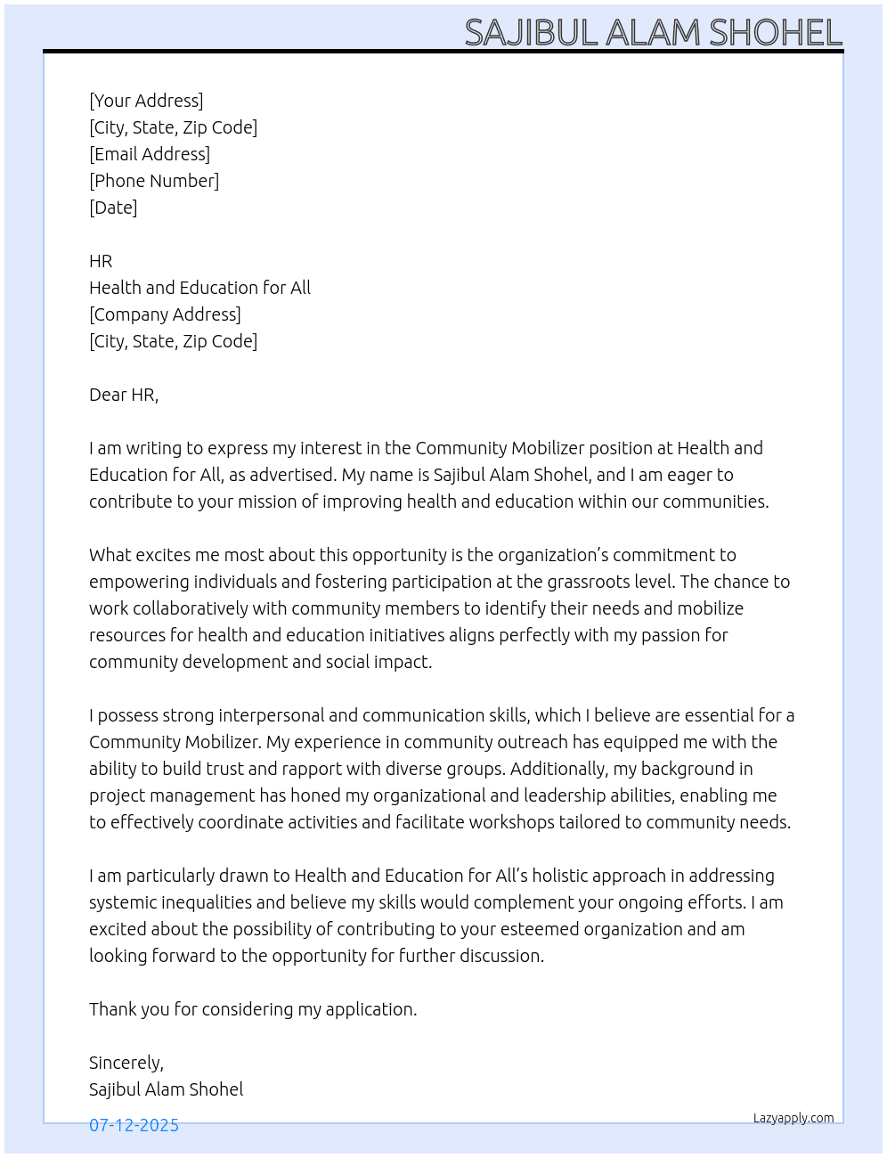 Community mobilizer  At Health and education for all  Cover Letter