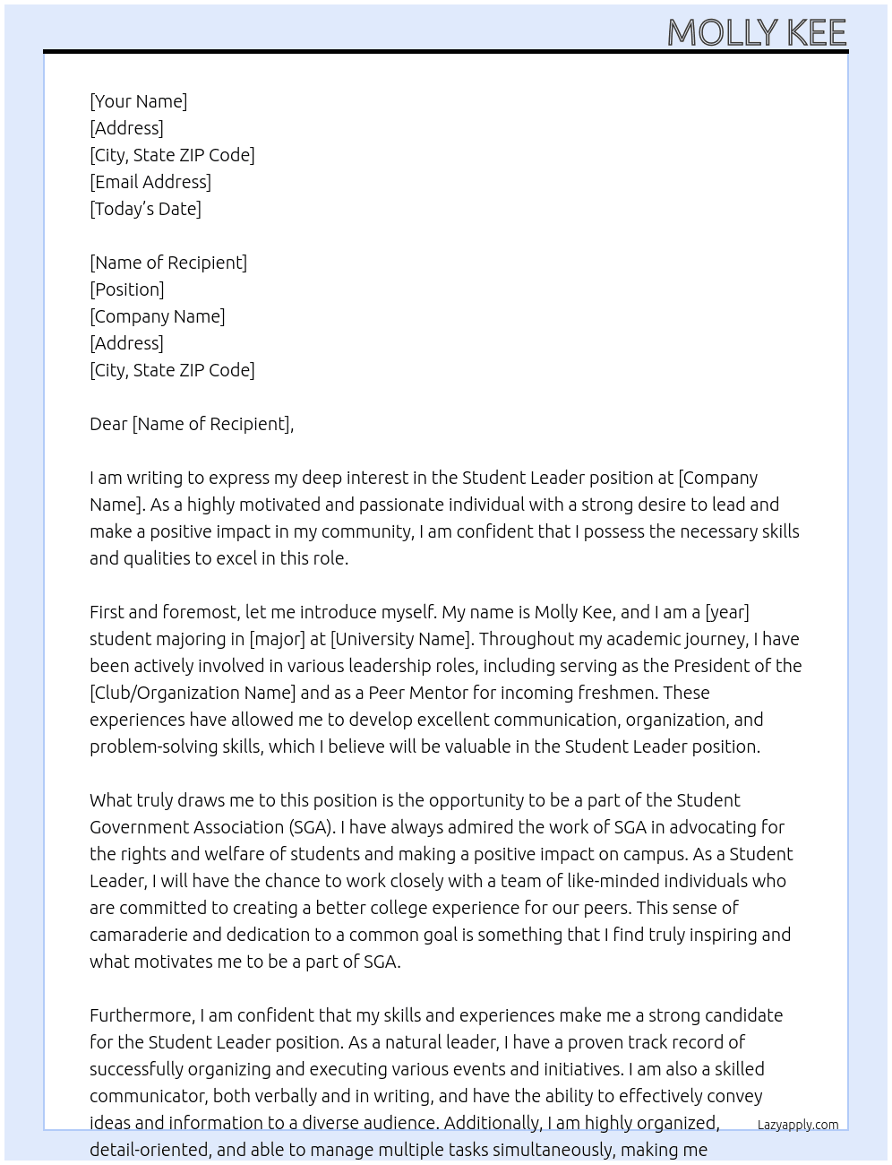 Student Leader At SGA Cover Letter