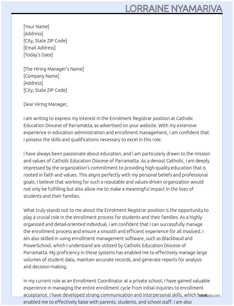 Enrolment Registrar At Catholic Education Diocese of Parramatta Cover Letter