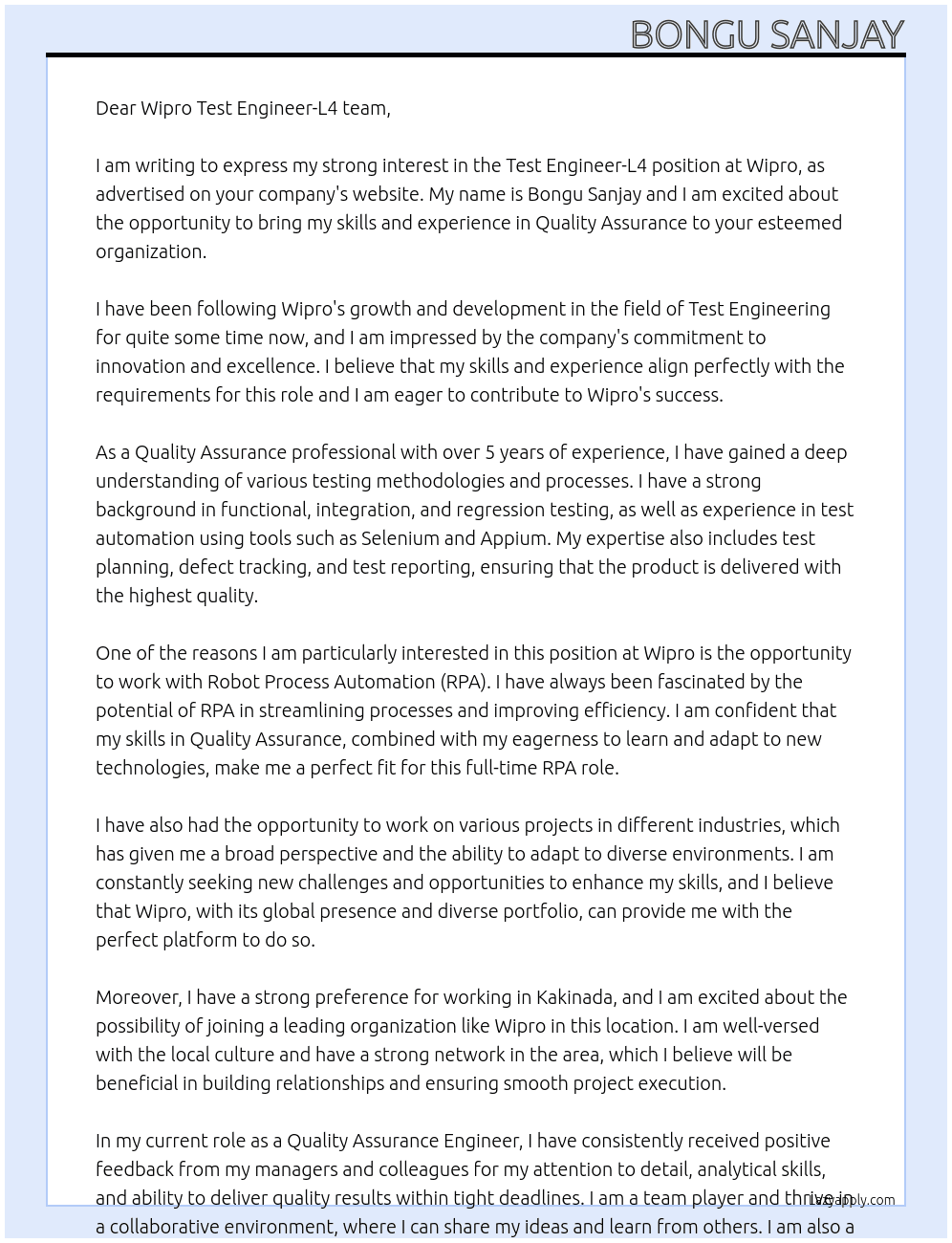 Test Enginner-L4 At Wipro Test Enginner-L4 Cover Letter