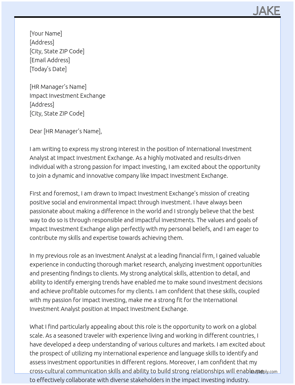 International Investment Analyst At Impact Investment Exchange Cover Letter