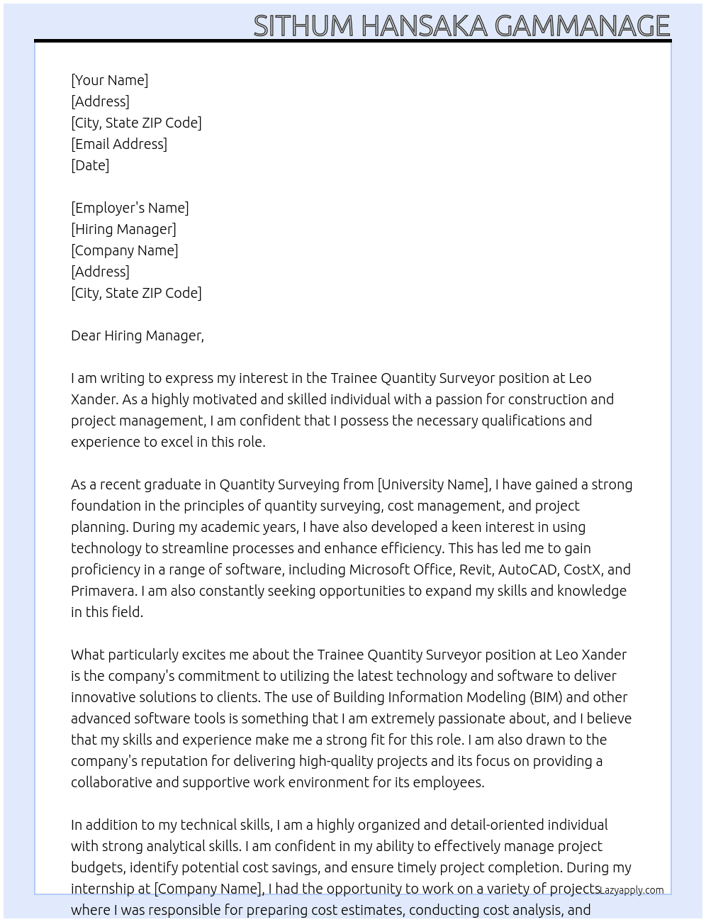 Trainee Quantity Surveyor At Leo Xander Cover Letter