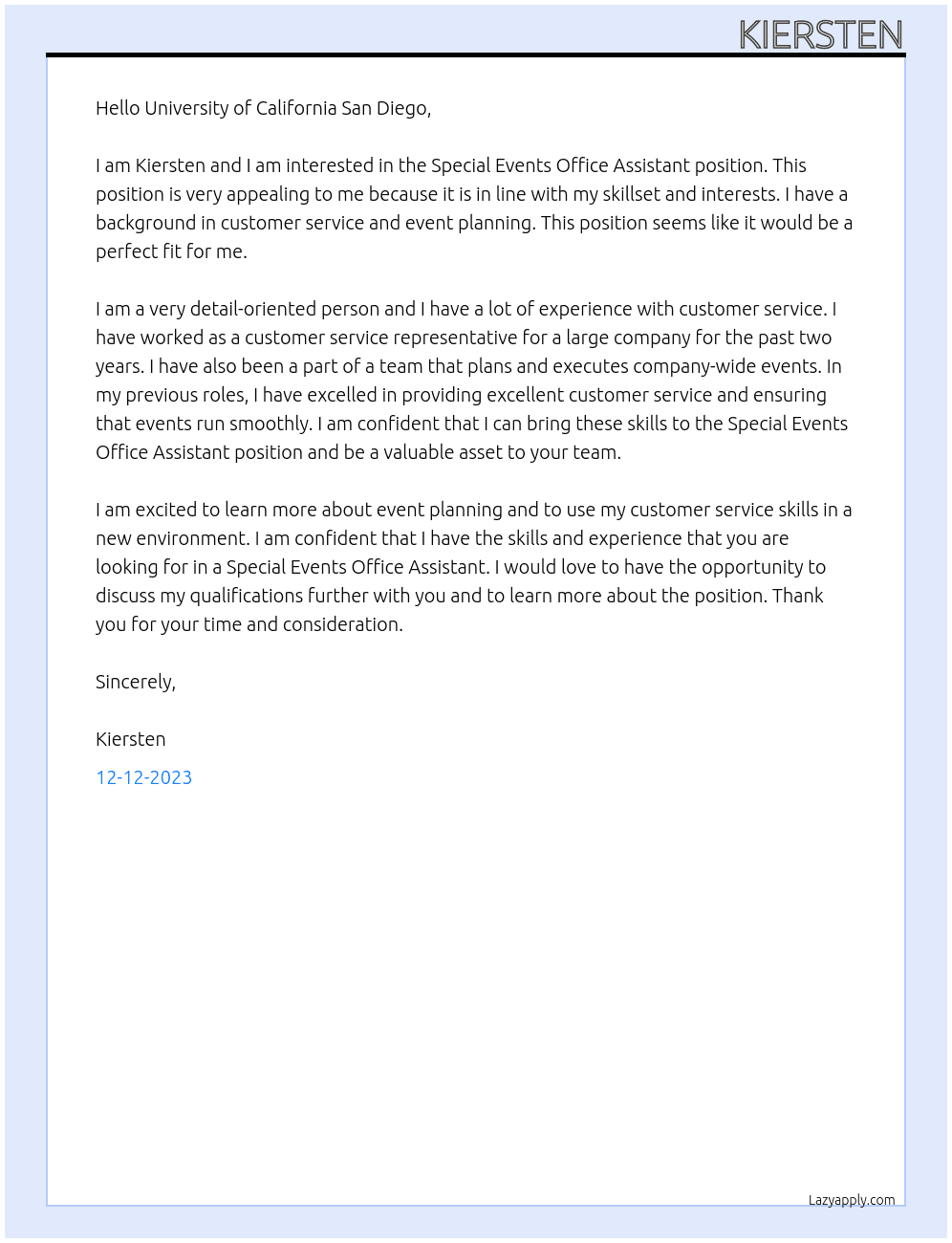 Special Events Office Assistant At University of California San Diego Cover Letter