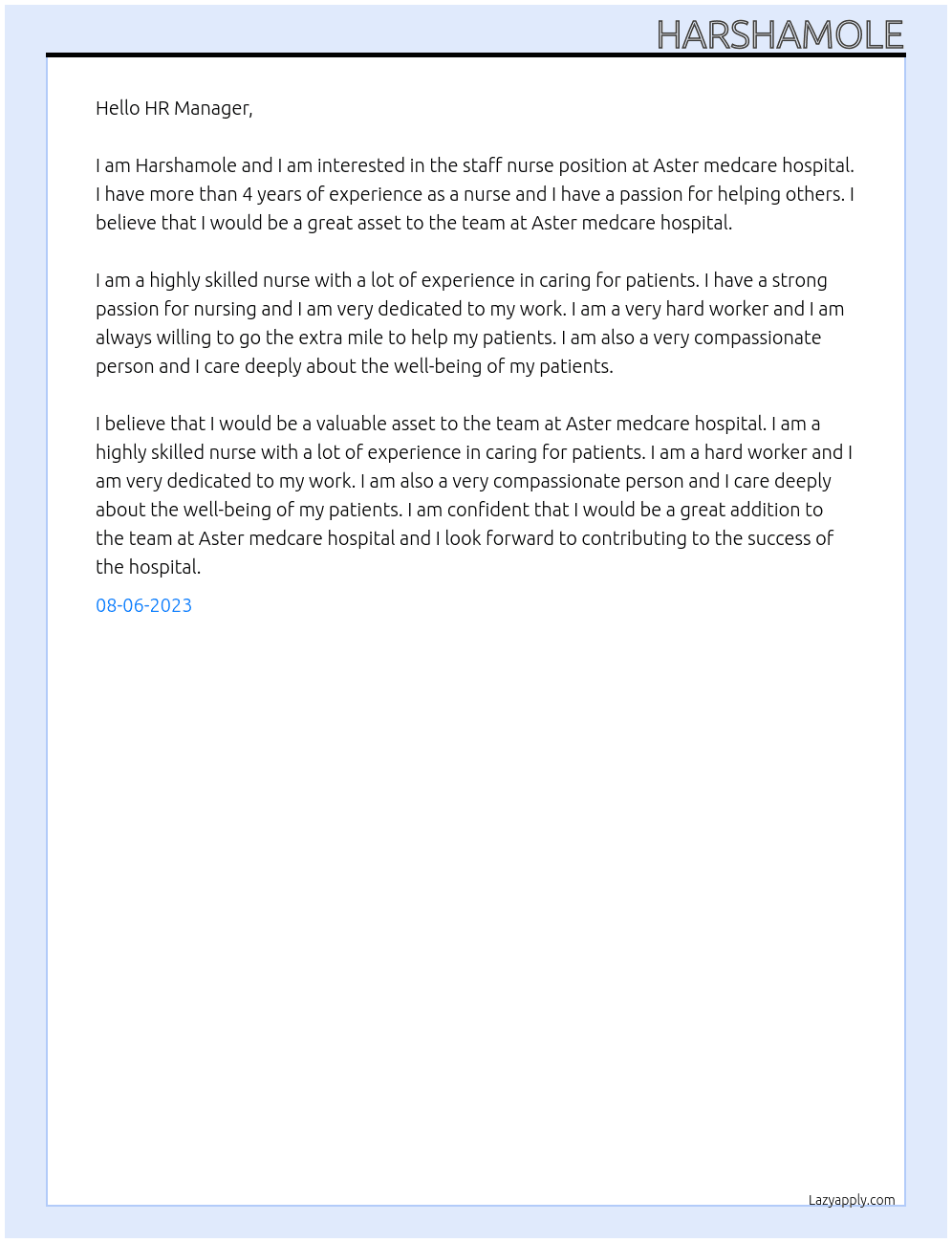 Staff nurse At Aster medcare hospital Cover Letter