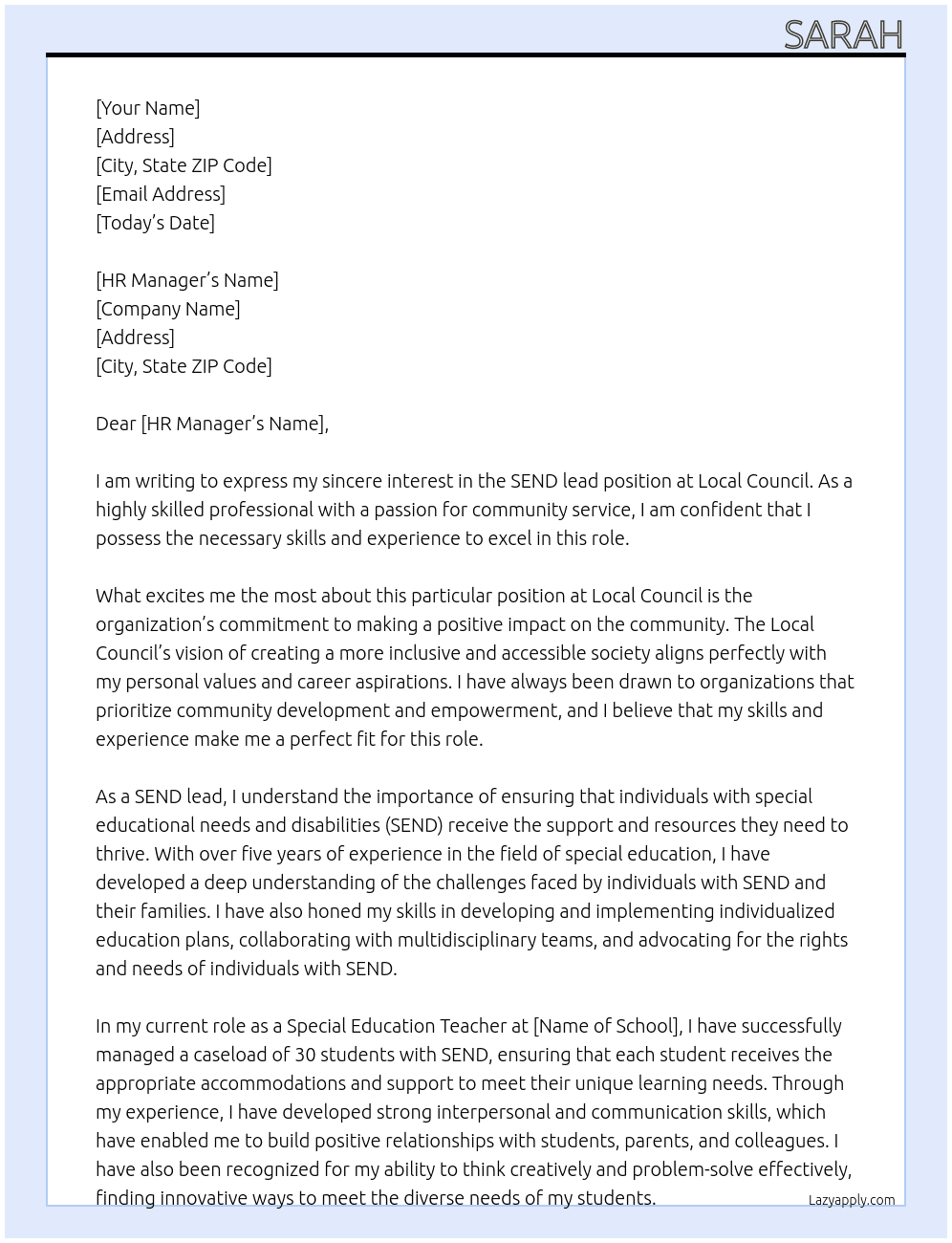 SEND lead At Local council  Cover Letter