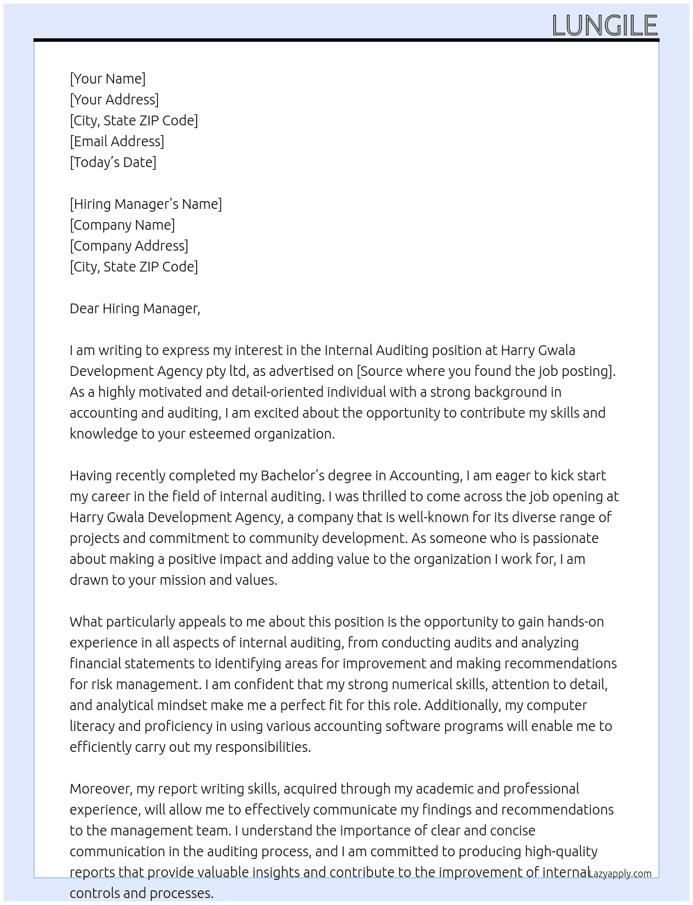 Internal auditing  At Harry Gwala Development Agency pty ltd Cover Letter