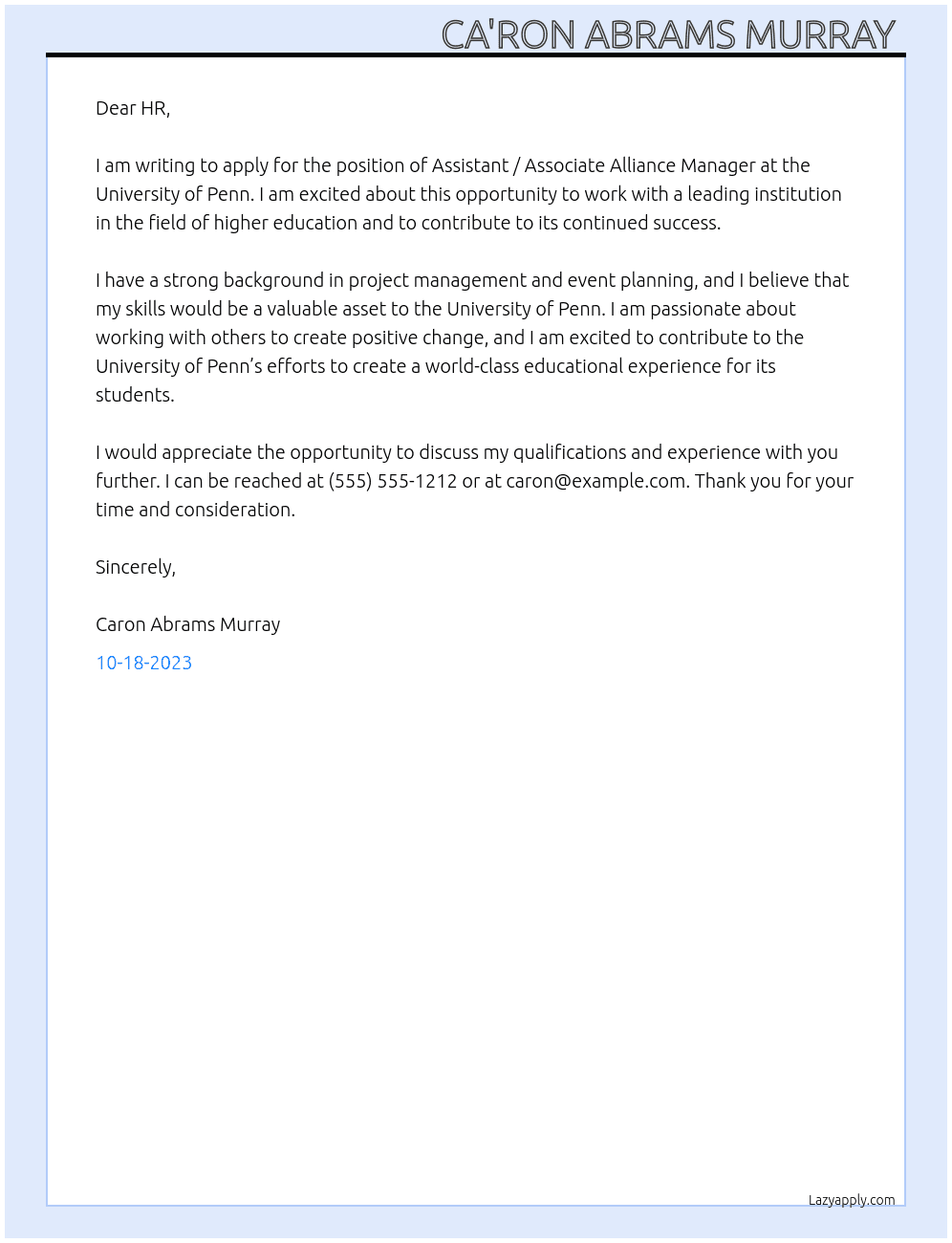 Assistant / Associate Alliance Manager At Univerisity of Penn  Cover Letter