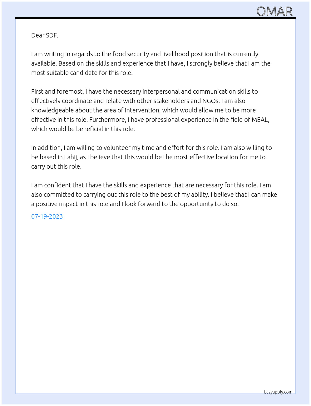 Food Security and Livelihood At SDF  Cover Letter