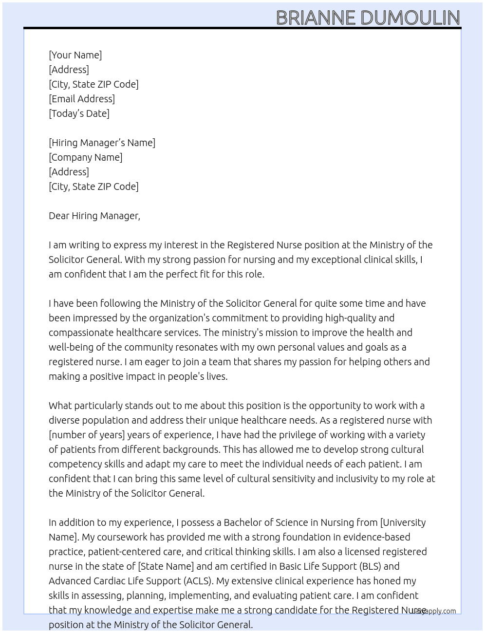 Registered Nurse At Ministry of the Solicitor General Cover Letter