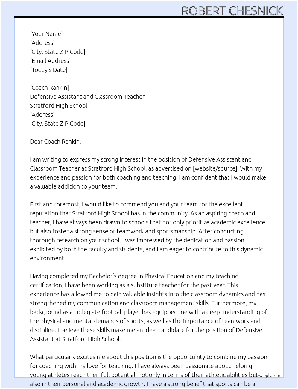 Defensive Assistand and classroom teacher At Stratford High School Cover Letter