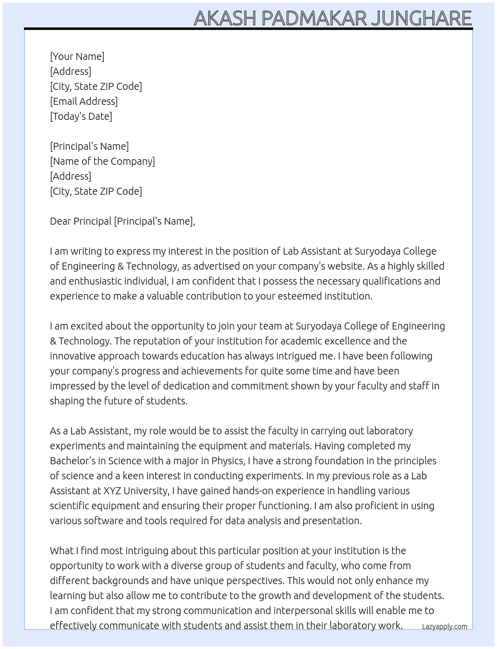lab assistant At  Suryodaya College Of Engineering & Technology Cover Letter