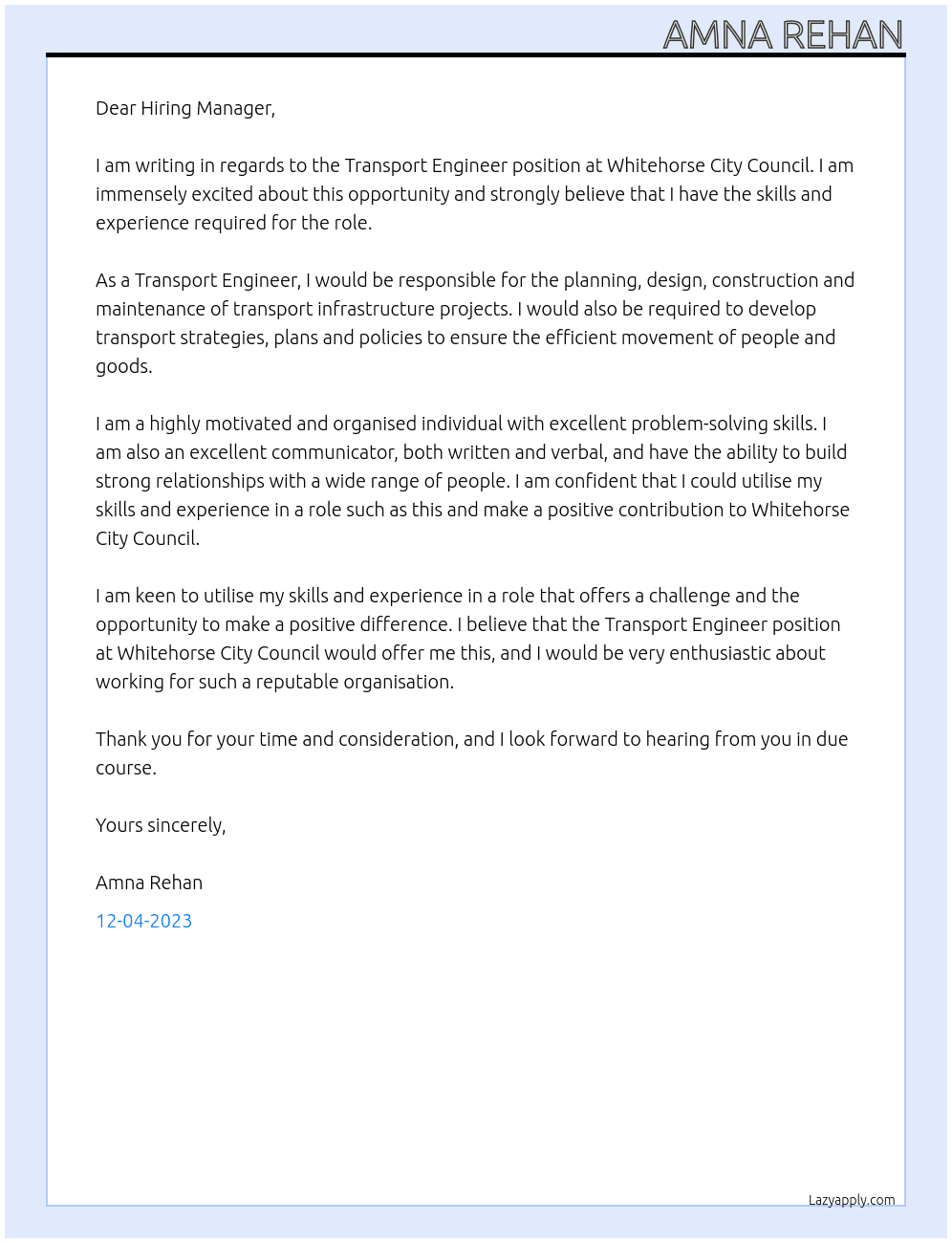 Transport Engineer At Whitehorse City Council Cover Letter