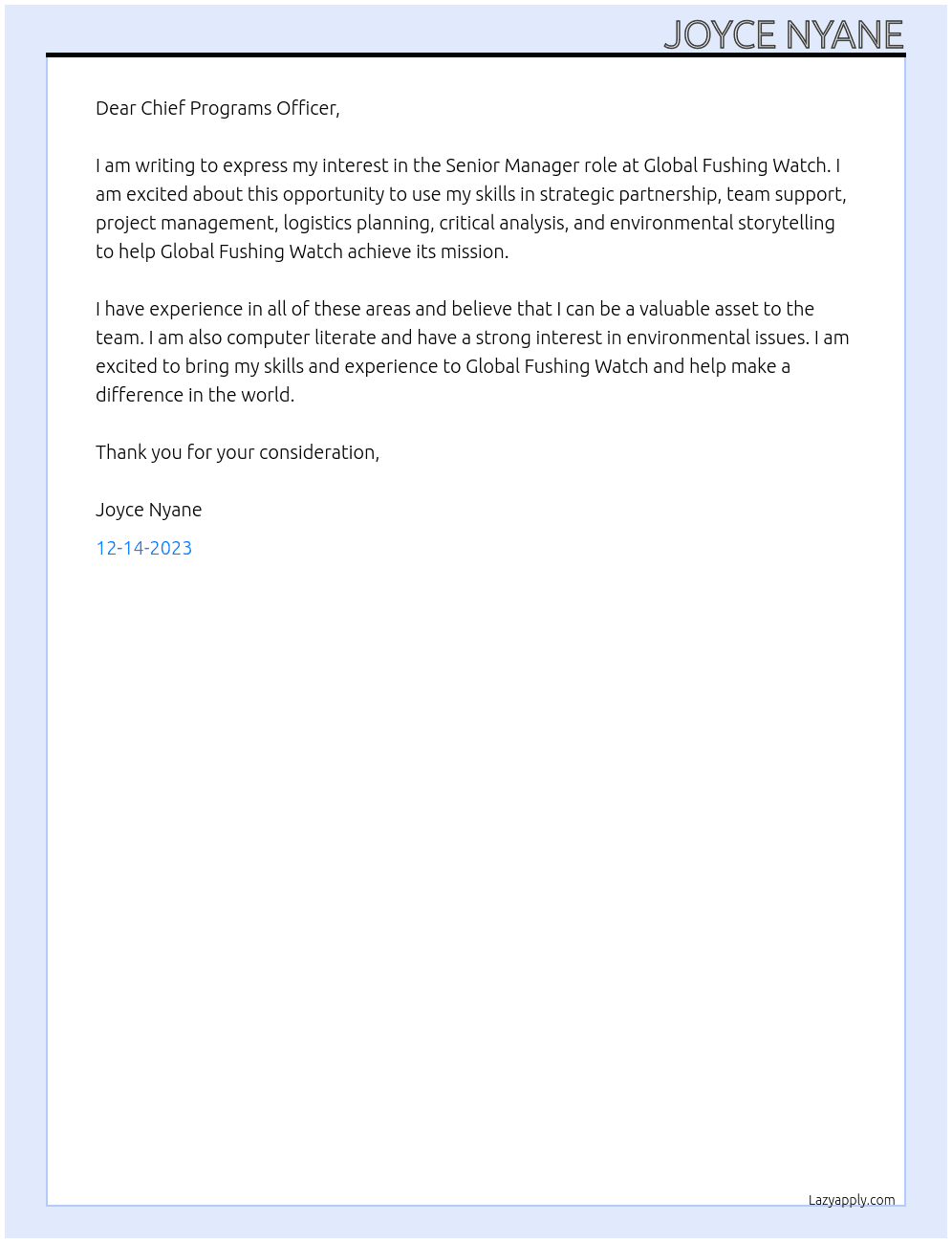 Senior Manager  At Global Fushing Watch Cover Letter