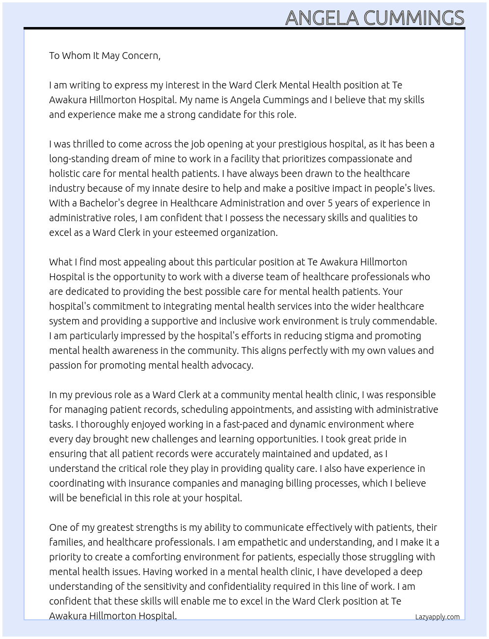  Ward Clerk Mental Health At Te Awakura Hillmorton Hospital Cover Letter