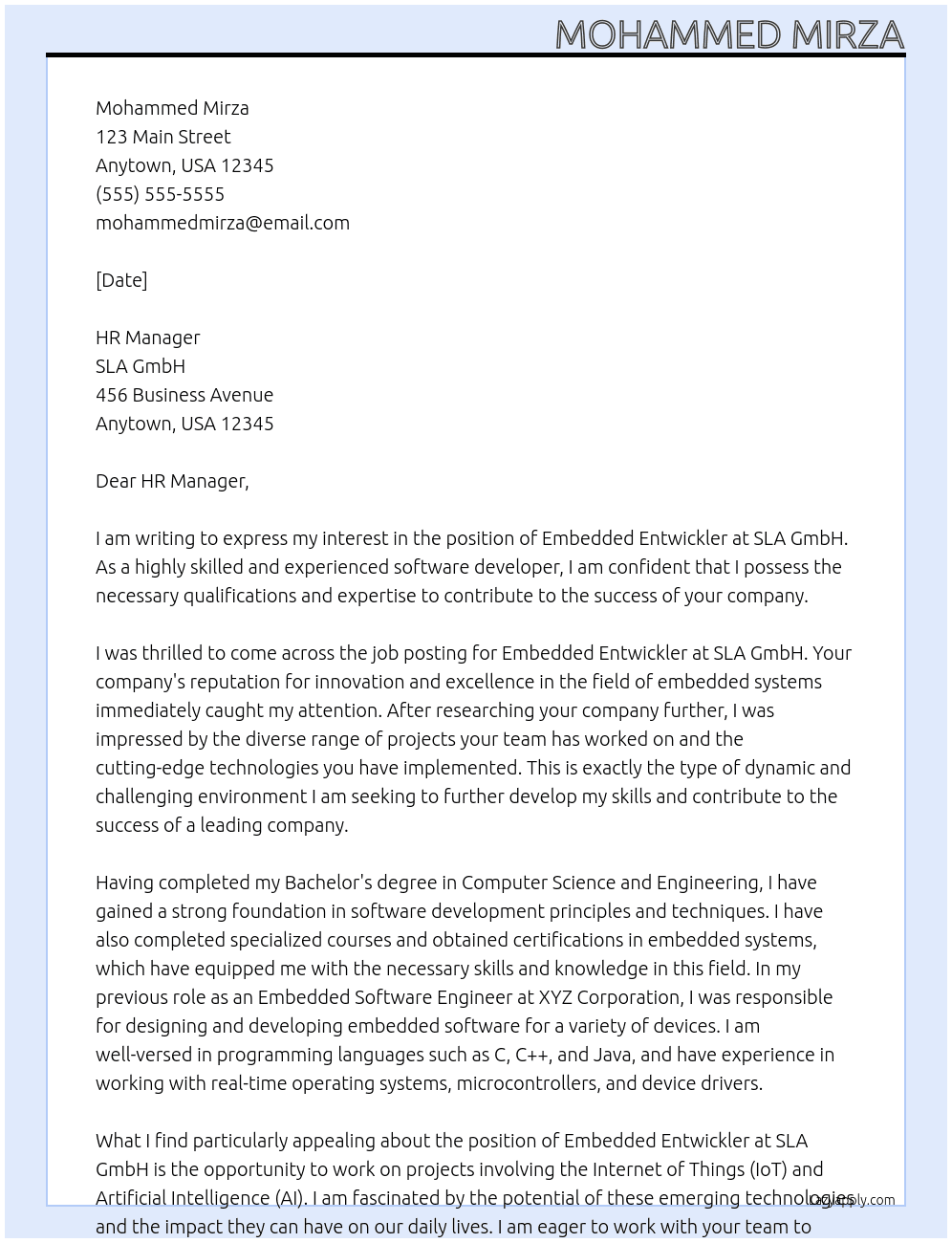 Embedded Entwickler At SLA GmbH Cover Letter