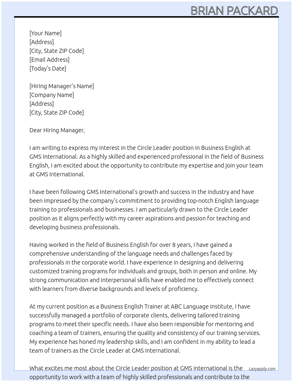 Circle Leader in Business English At GMS International Cover Letter