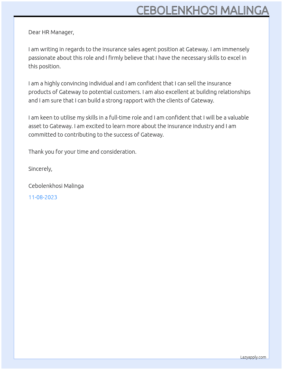 Insurance sales agent  At Gateway  Cover Letter