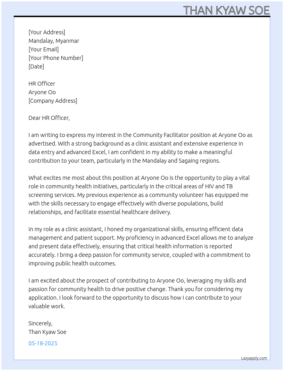 community facilitator At Aryone Oo Cover Letter