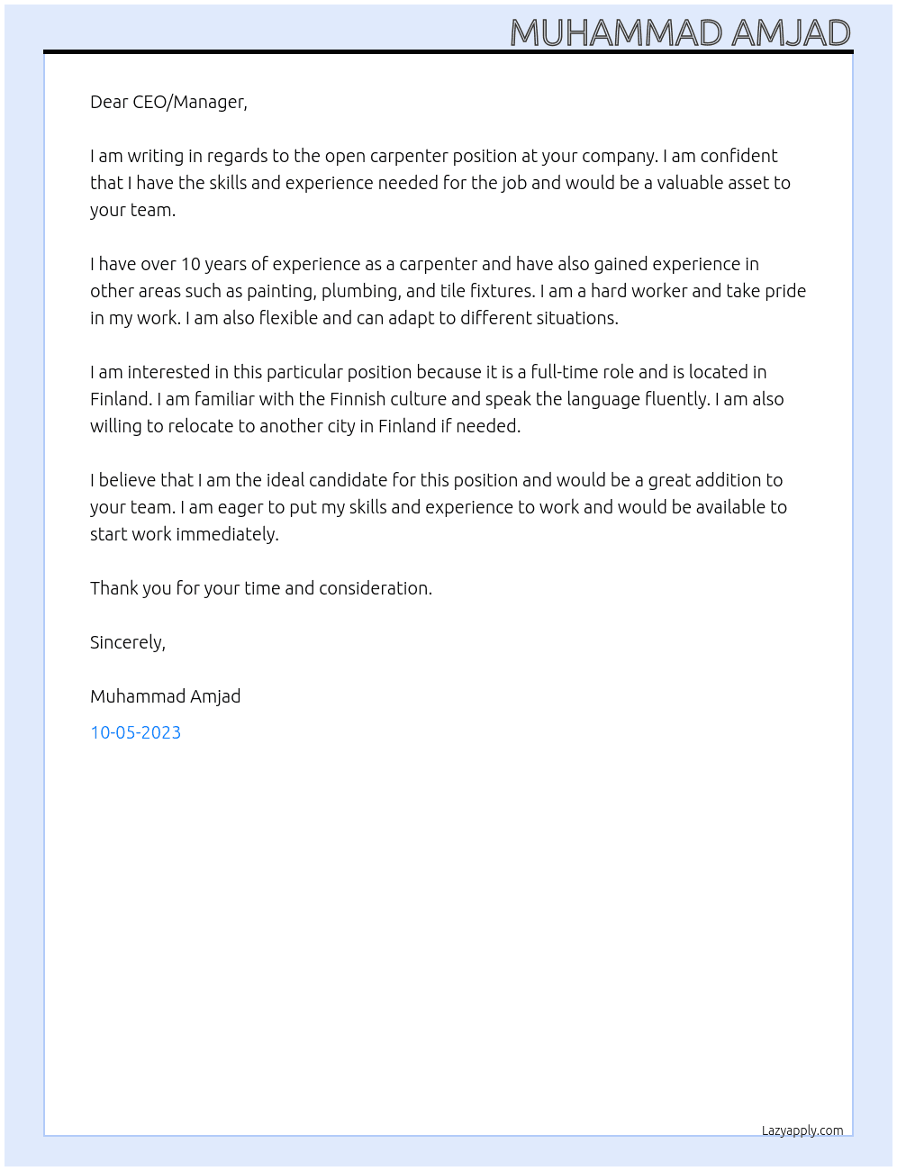 carpenter  At finland Cover Letter