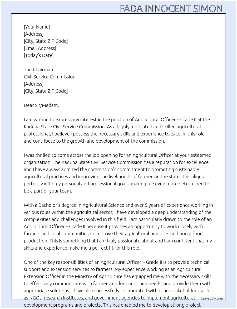 Cover letter for agricultural officer - grade ii - LazyApply