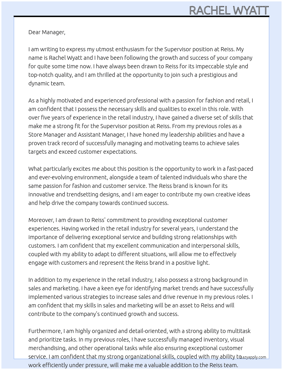Supervisor At Reiss Cover Letter