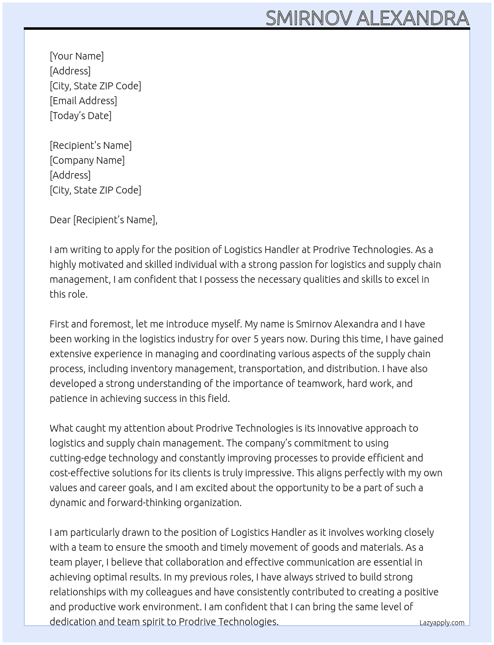 Logistics Handler At Prodrive technologies Cover Letter