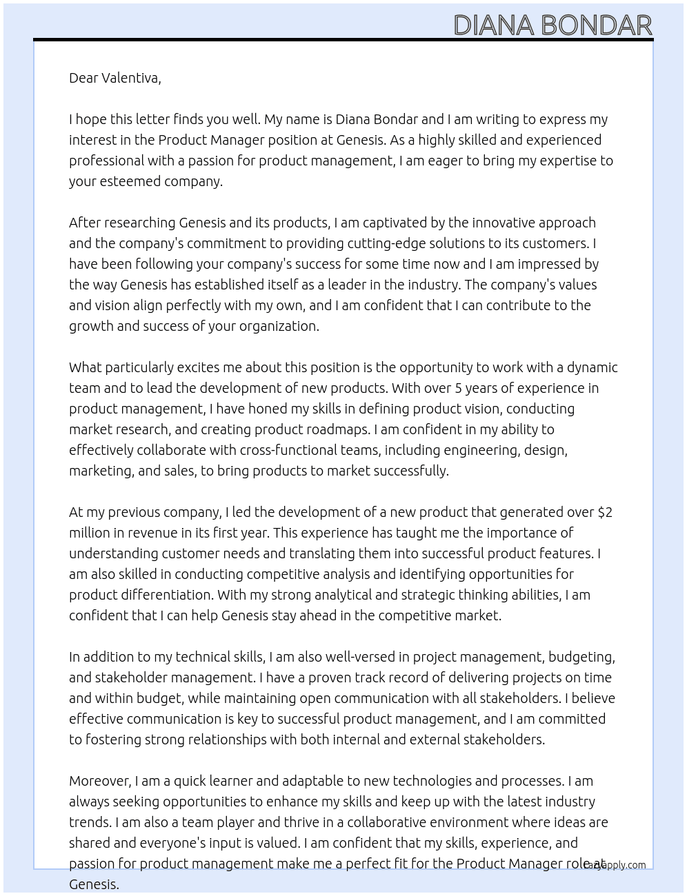 Product Manger At Genesis Cover Letter