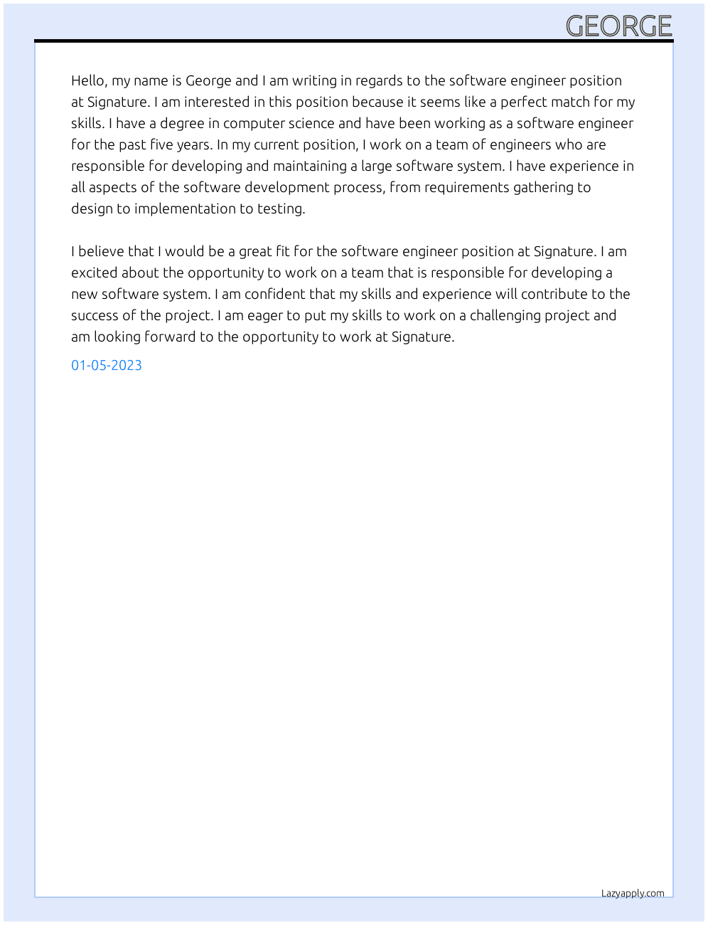 software engineer At signature Cover Letter