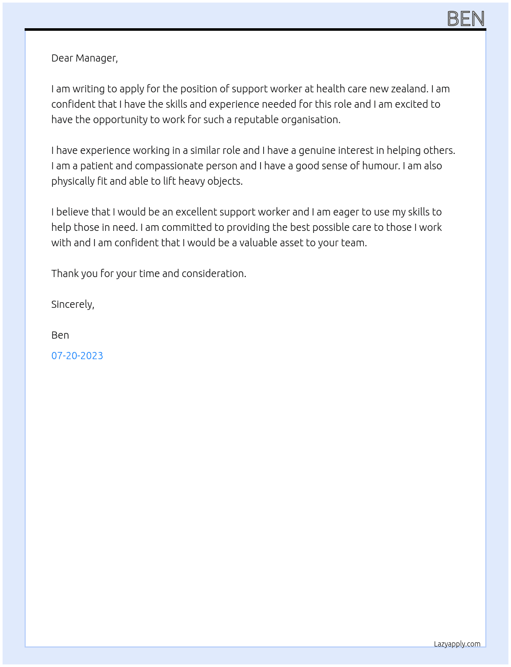 support worker  At health care new zealand  Cover Letter
