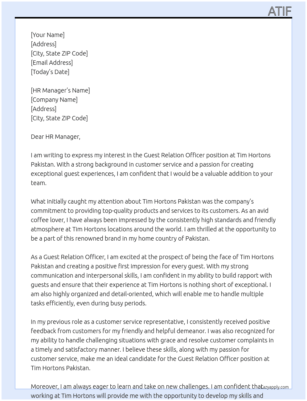 Guest relation officer At Tim Hortons Pakistan Cover Letter