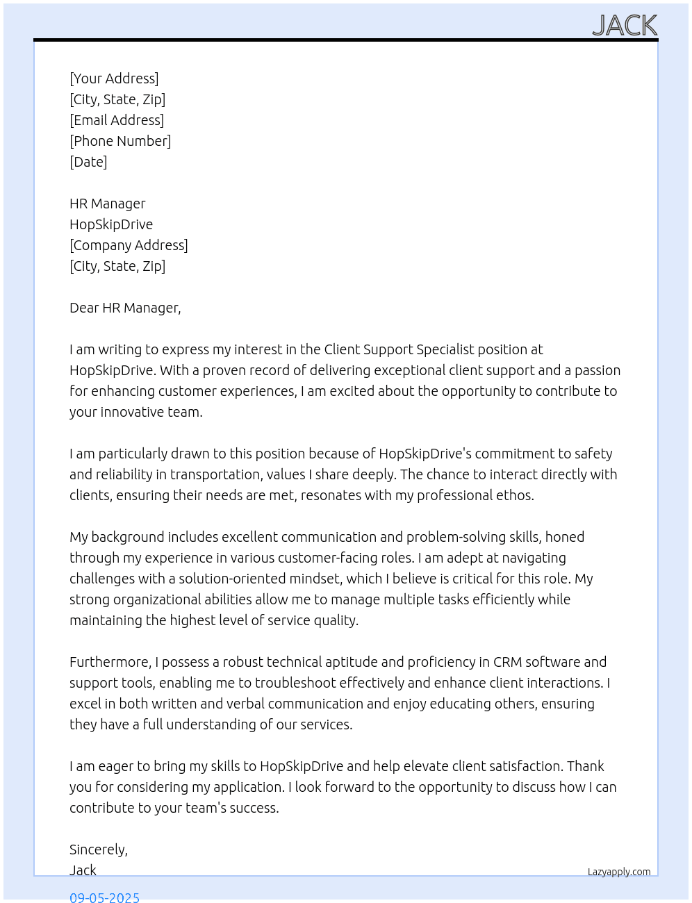 Client Support Specialist  At HopSkipDrive Cover Letter