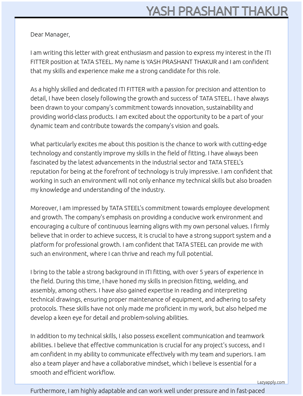 ITI FITTER  At TATA STEEL  Cover Letter
