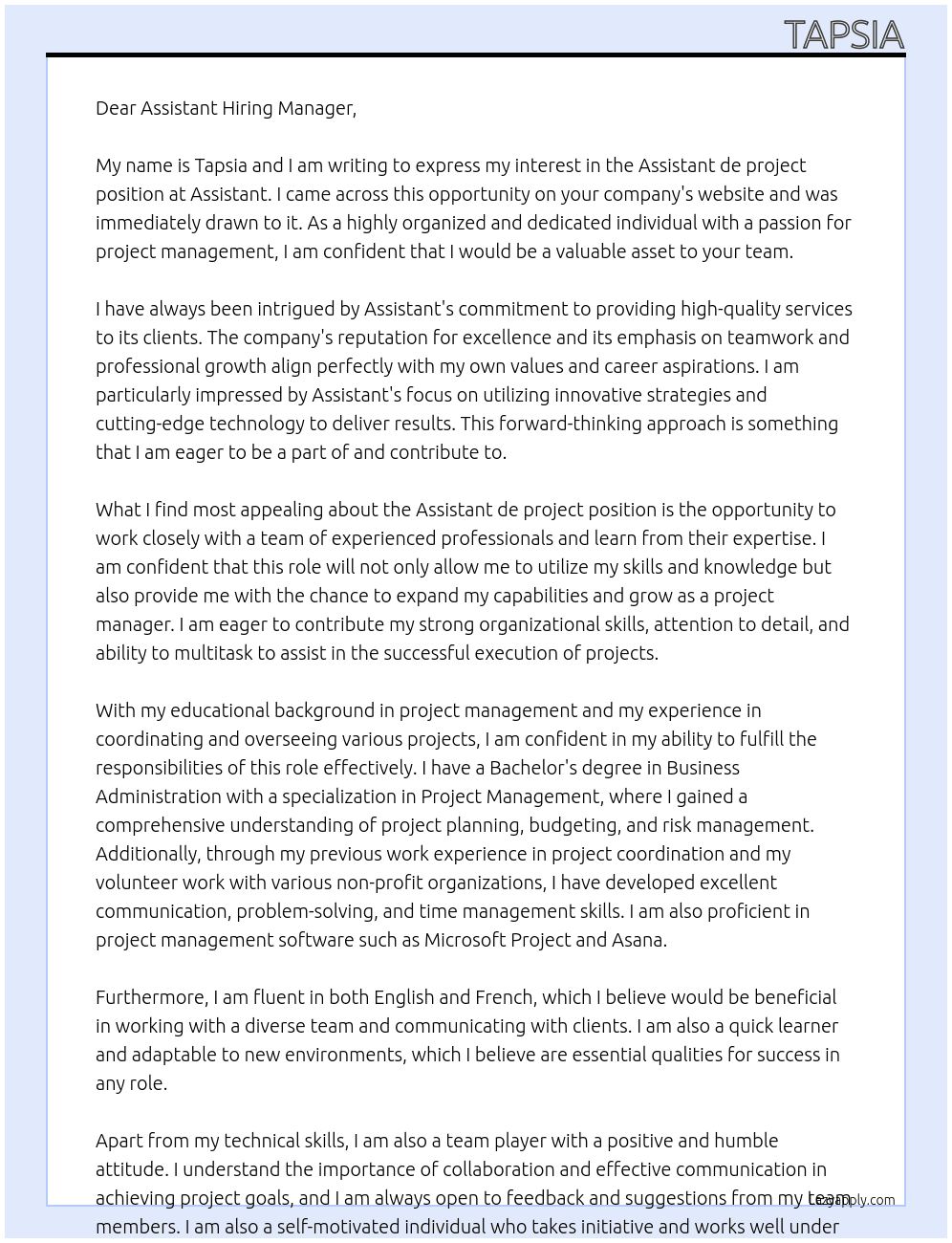 Assistant de projet At Assistant  Cover Letter