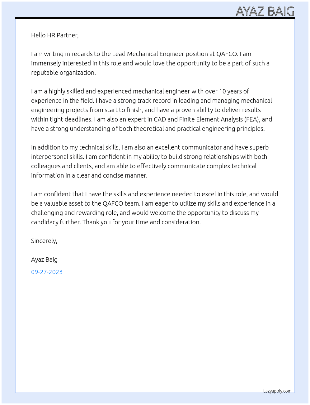 Lead Mechanical Engineer  At QAFCO Cover Letter