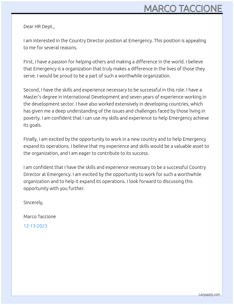Country Director At Emergency Cover Letter