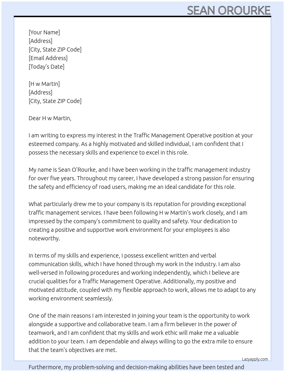 Traffic management operative At H w Martin  Cover Letter