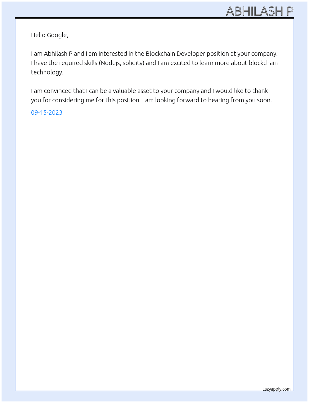 Blockchain Developer  At Google Cover Letter