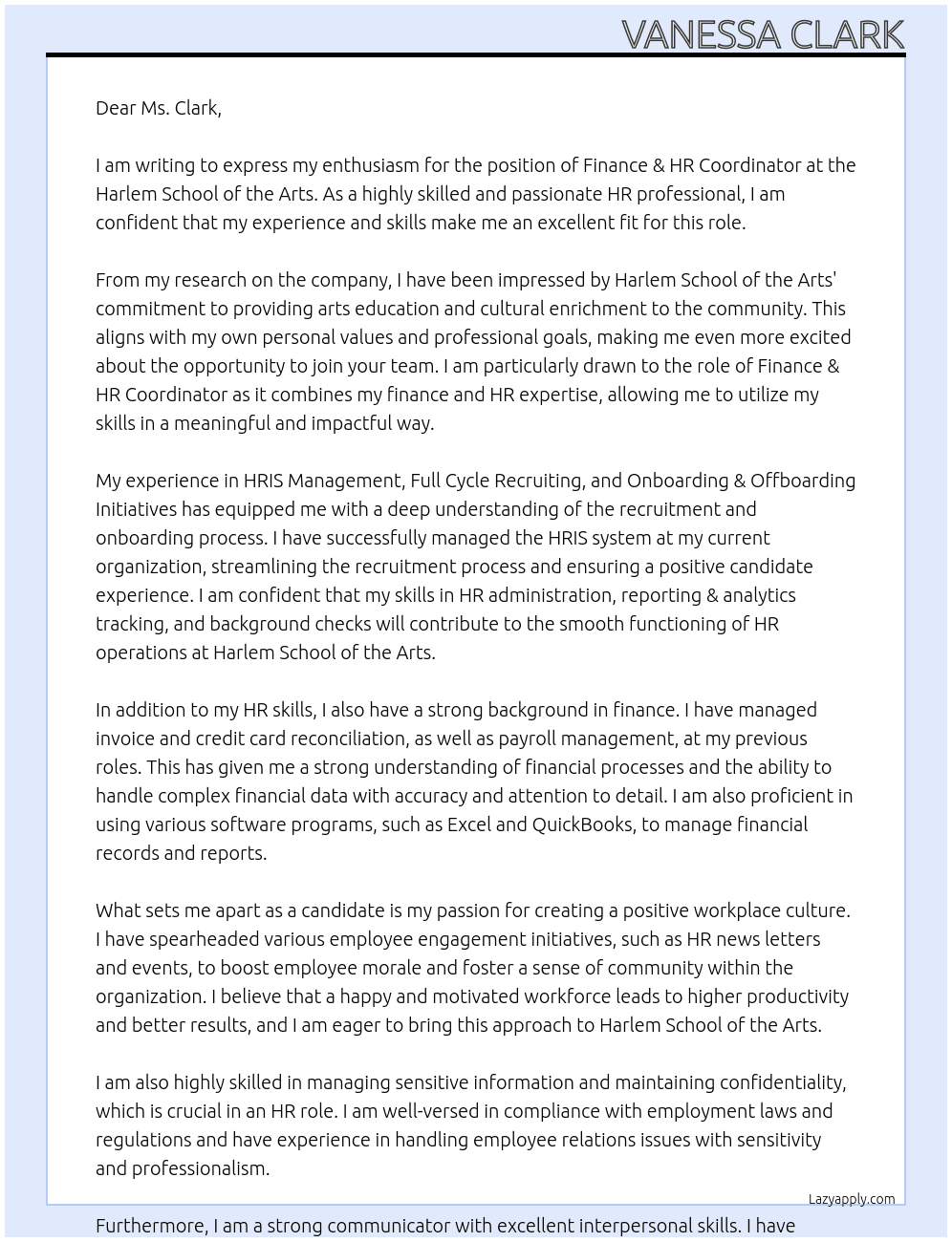 Finance & HR Coordinator  At Harlem School of the Arts  Cover Letter