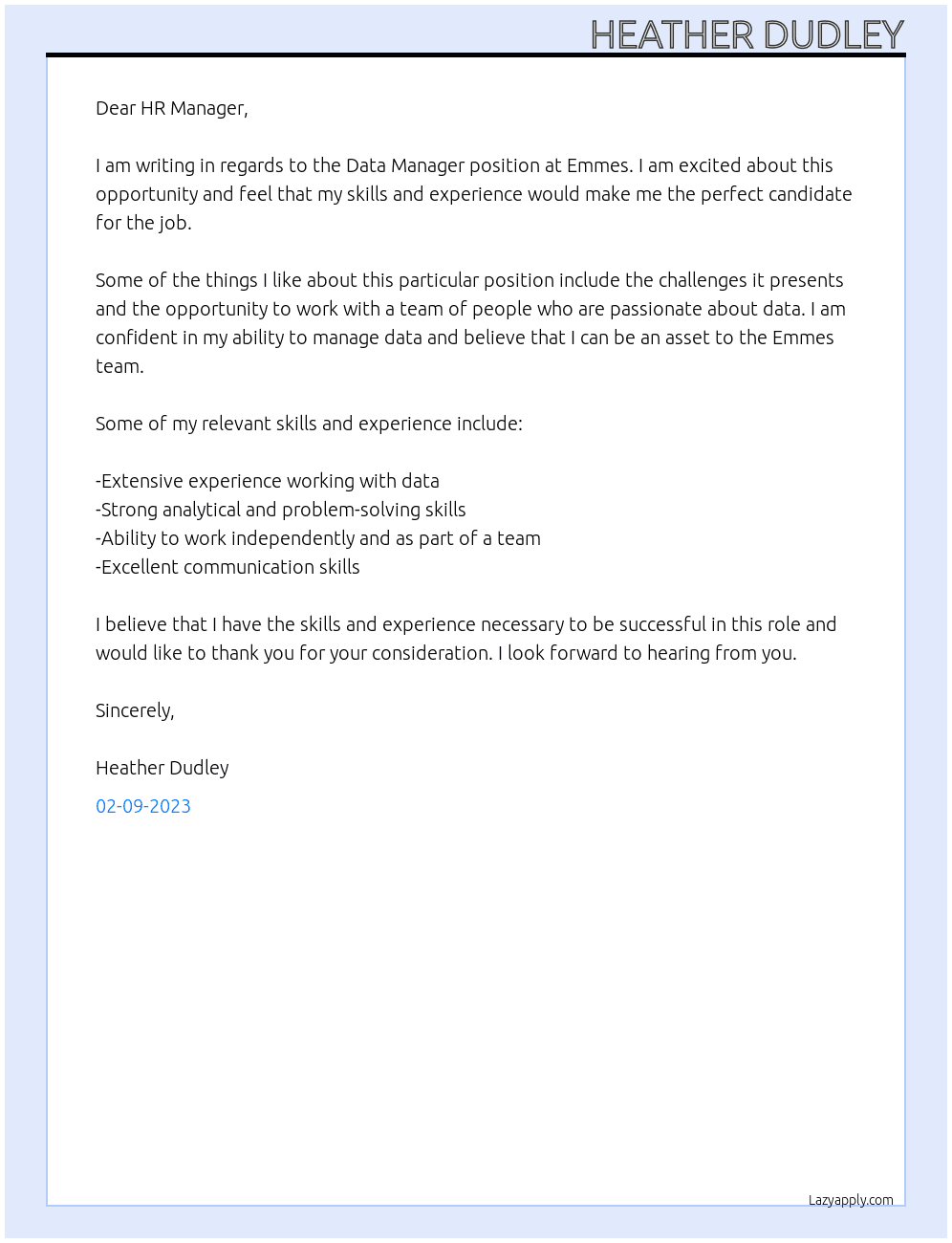 Data Manager At Emmes Cover Letter