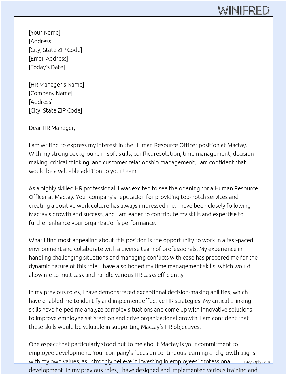 Human resource Officer  At Mactay Cover Letter