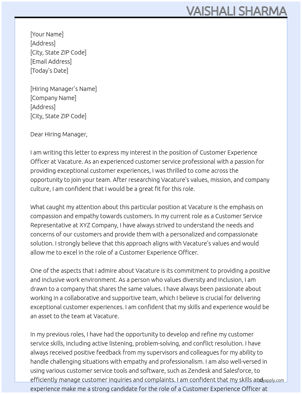 Customer Experience Officer  At Vacature Cover Letter