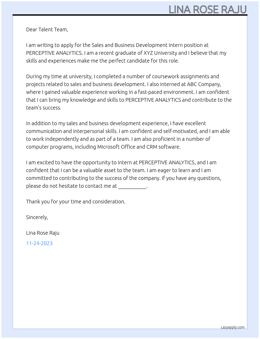 Sales and Business Development Intern At PERCEPTIVE ANALYTICS Cover Letter
