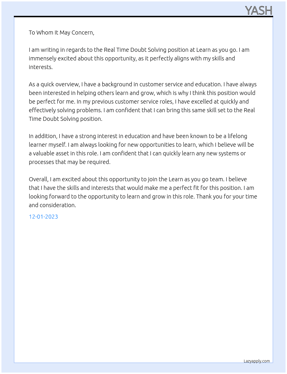 Real time doubt solving  At Learn as you go Cover Letter