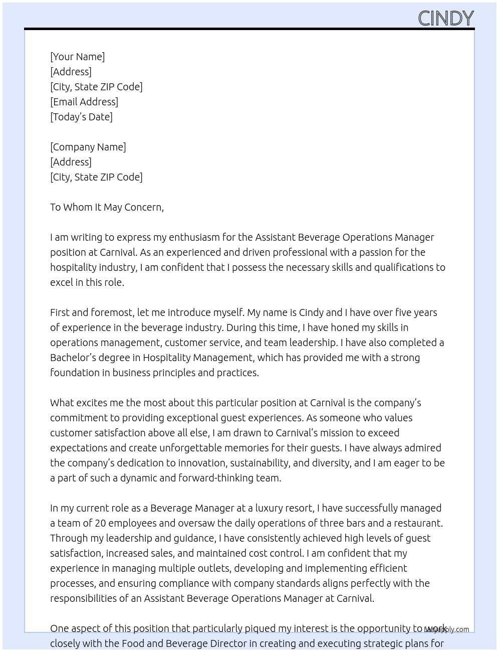 assistant beverage operations manager At Carnival Cover Letter