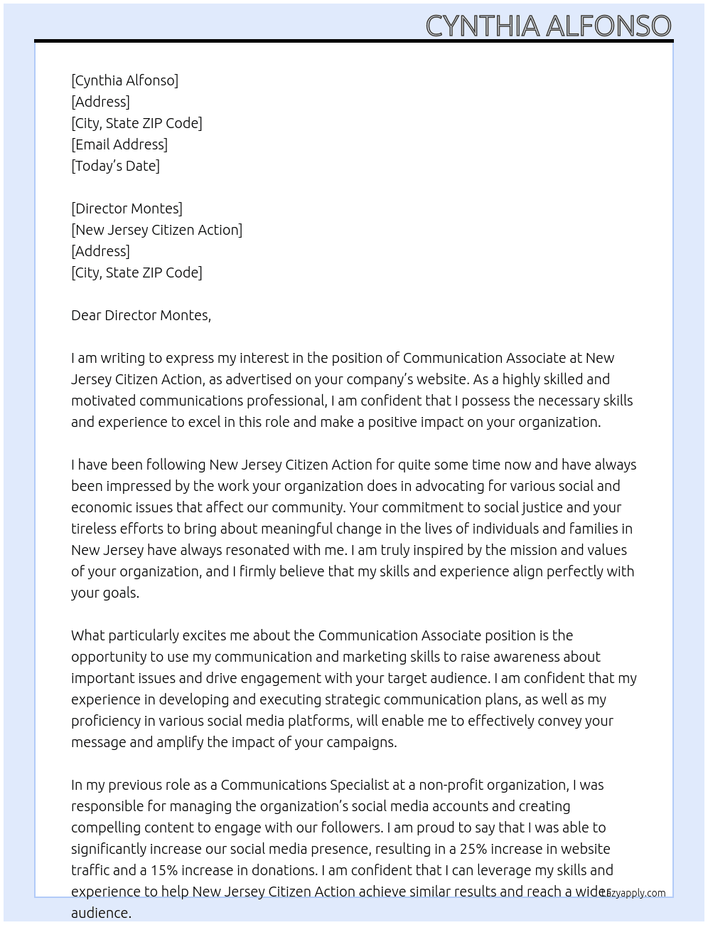 Communication Associate At New Jersey Citizen Action Cover Letter
