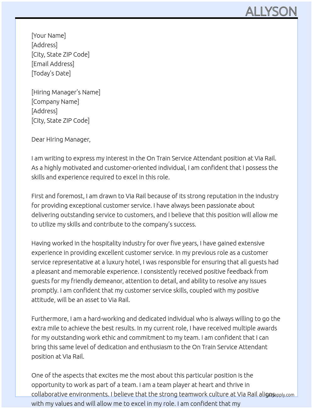 On Train Service Attendant At Via Rail Cover Letter