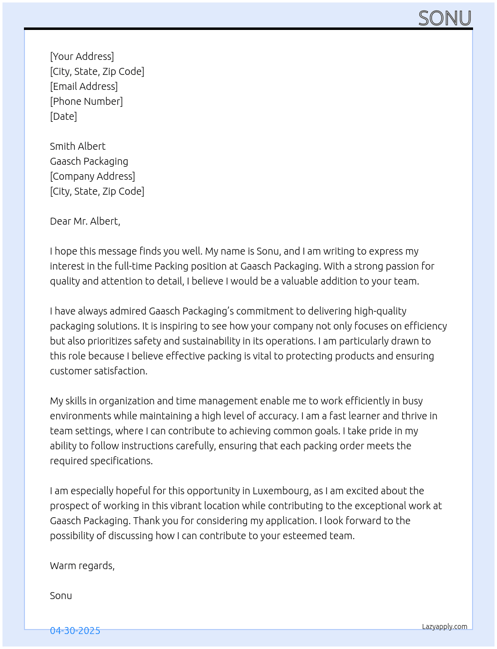 Packing  At Gaasch Packaging  Cover Letter