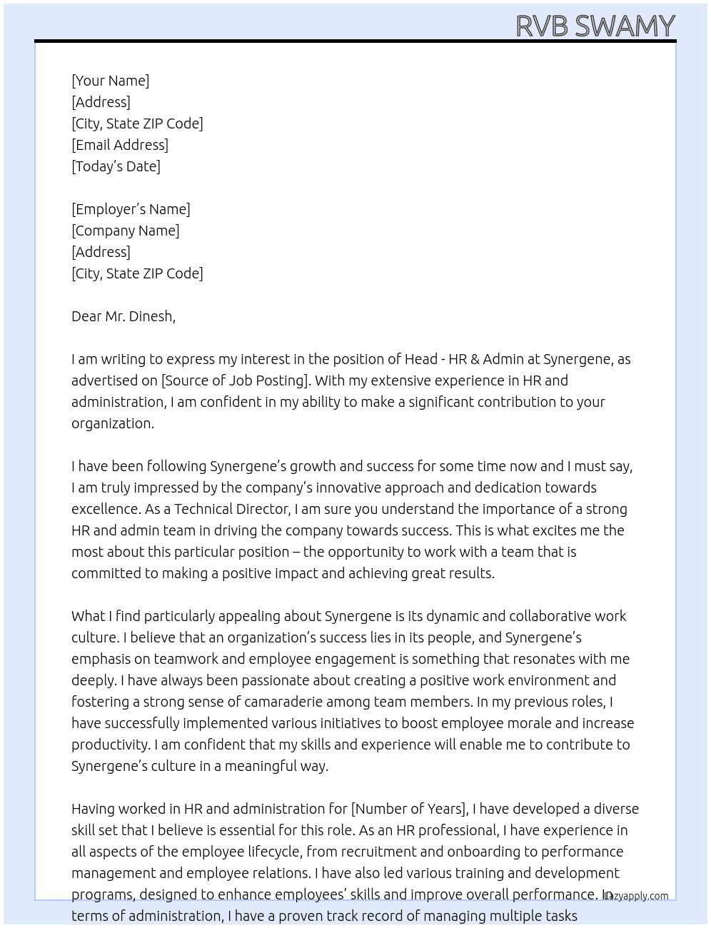 Head - HR & Admin. At Synergene Cover Letter