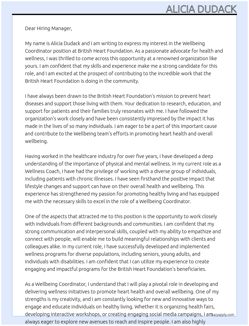 Wellbeing Coordinator At British Heart Foundation Cover Letter